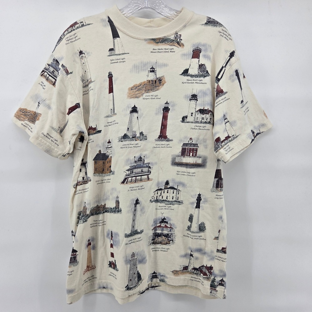 Vintage 90's Men's T-Shirt Medium Cream Lighthouse All Over‎ Print USA